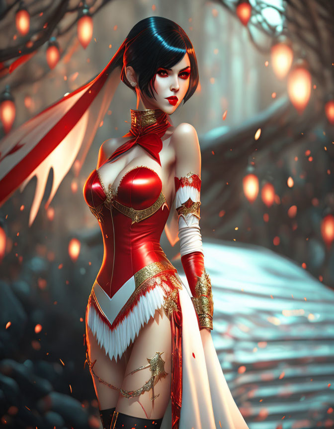 Illustrated female in red and white costume in mystical forest with floating lights