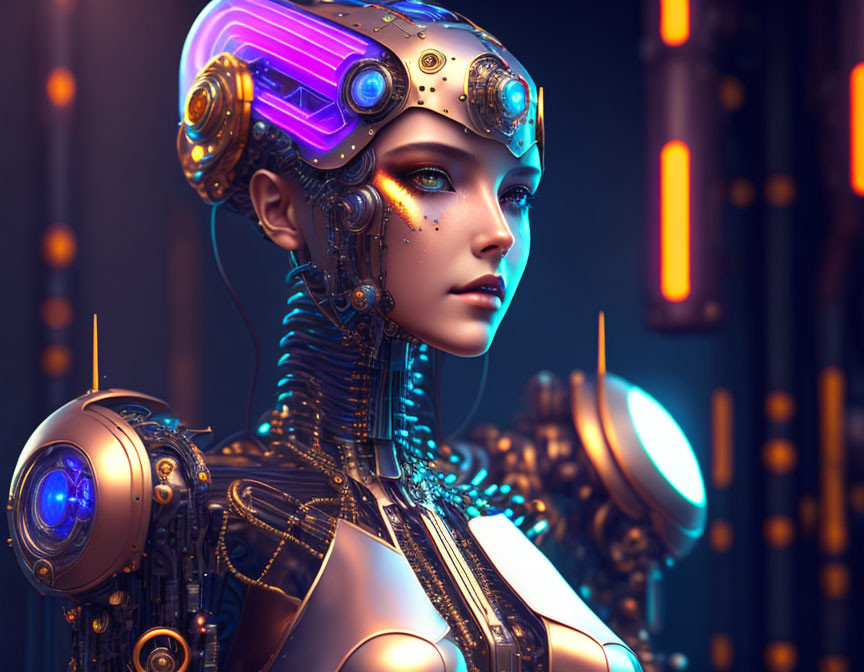 Futuristic female android with glowing blue elements and intricate headgear