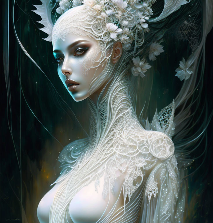 Ethereal fantasy portrait of a woman with floral headwear in enchanted forest