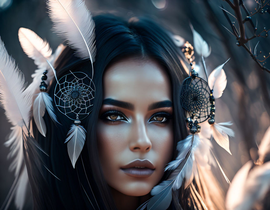 Woman with Striking Makeup and Dreamcatcher Adornments on Softly Blurred Background