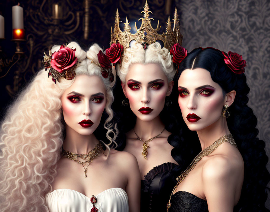 Stylized women with gothic makeup, crowns, and roses in regal setting