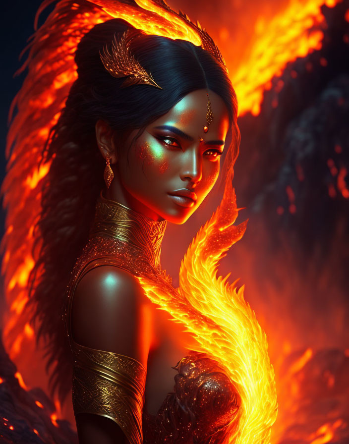 Mystical woman with horns and red eyes in fiery flames, adorned with gold.