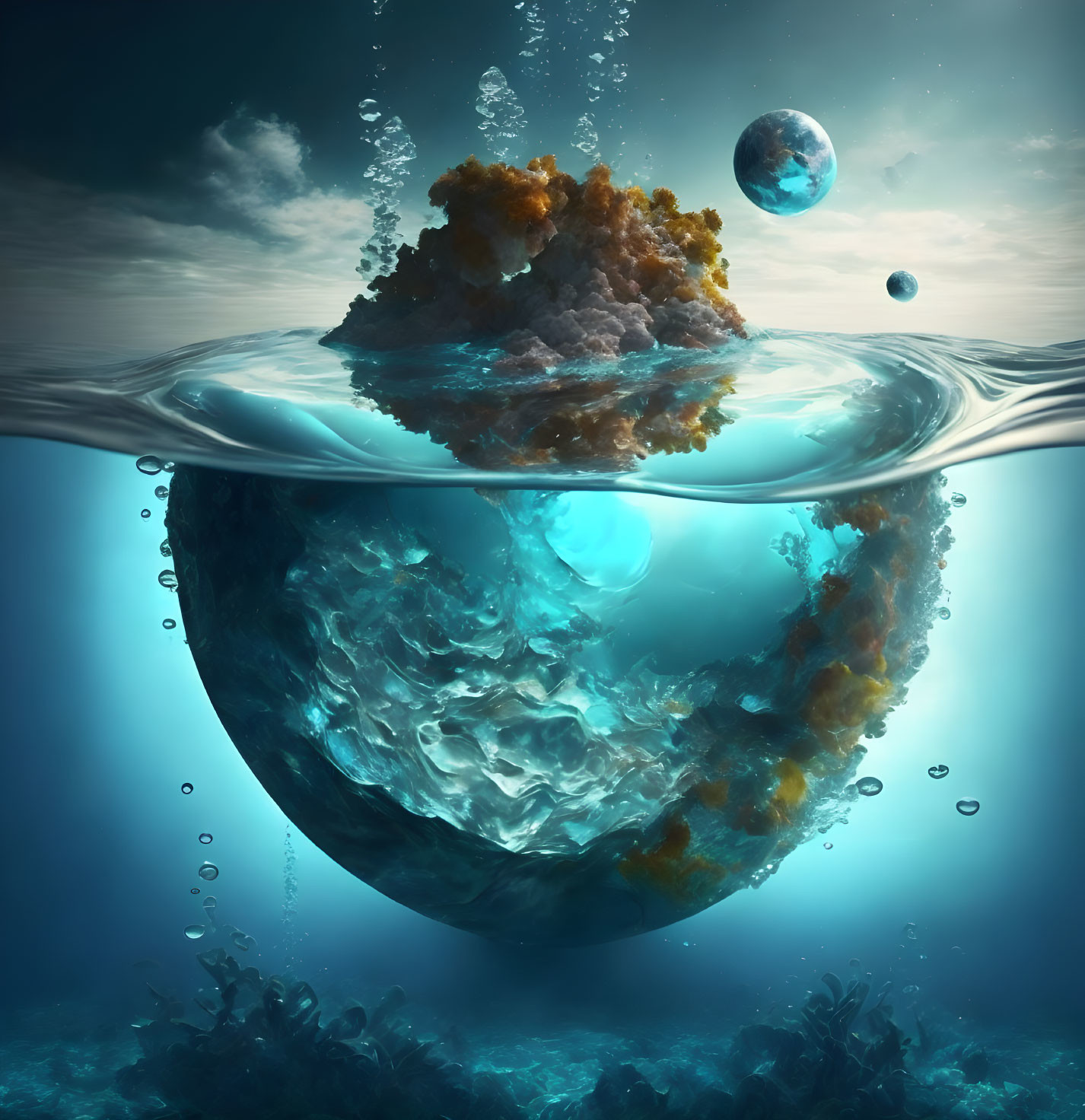 Surreal underwater scene with inverted island, bubbles, and two moons