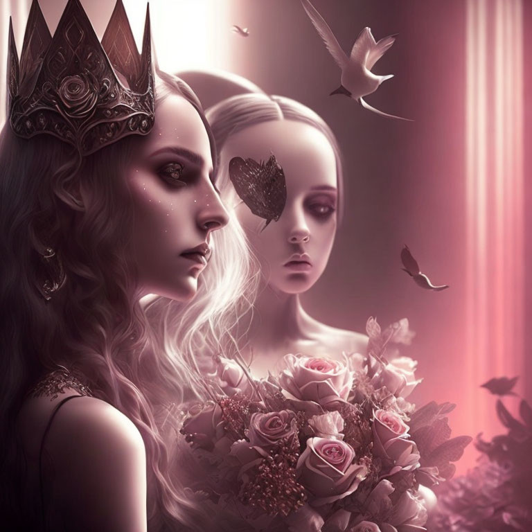 Surreal portrait featuring two women with pale skin, one wearing a crown, holding roses, surrounded