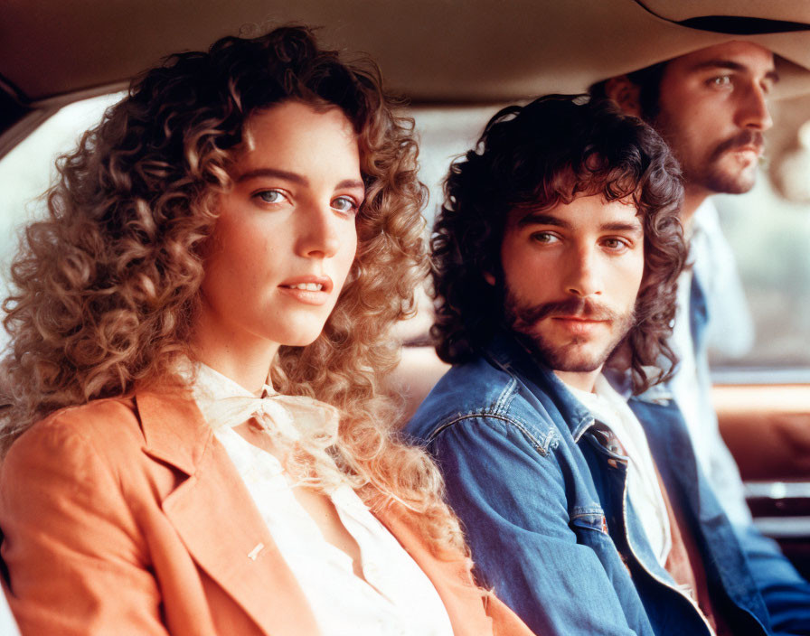 Three People in Car: Woman with Curly Hair, Bearded Man in Denim Jacket, and