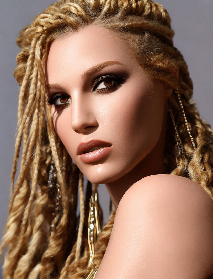 Blond woman with braided hair and smoky eye makeup portrait.