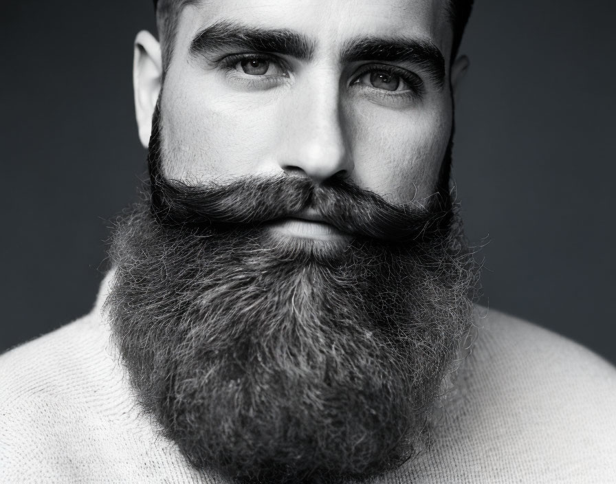 Monochrome close-up portrait of a man with thick beard and mustache