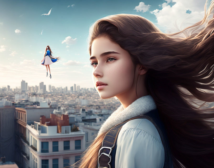 Close-up digital artwork: young woman's face with flowing hair, cityscape background, floating figure