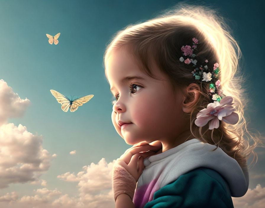 Young girl with flowers in hair admires butterfly under blue sky.