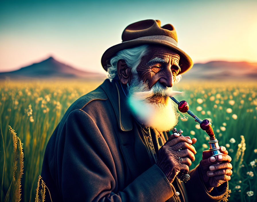 Elderly man with white beard smoking pipe in field at sunset