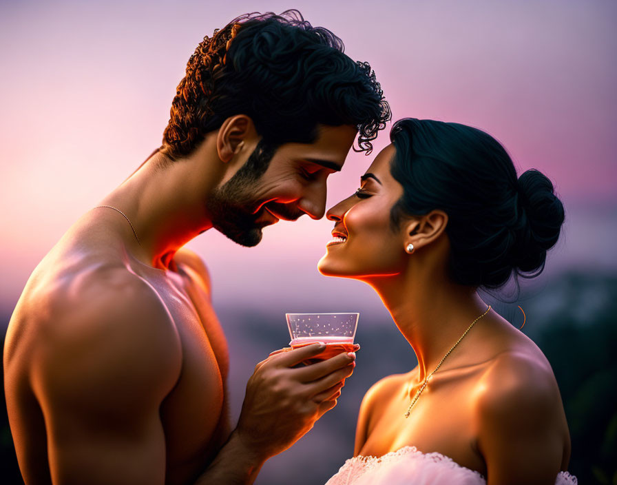 Couple Smiling and Touching Noses at Sunset with Champagne