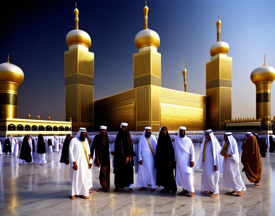 Traditional Arab Attire Men Walking by Majestic Mosque at Sunset