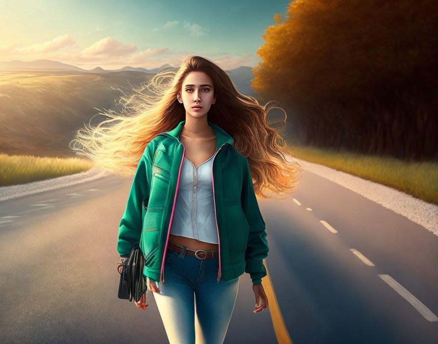 Digital Artwork: Woman Walking on Country Road at Sunset