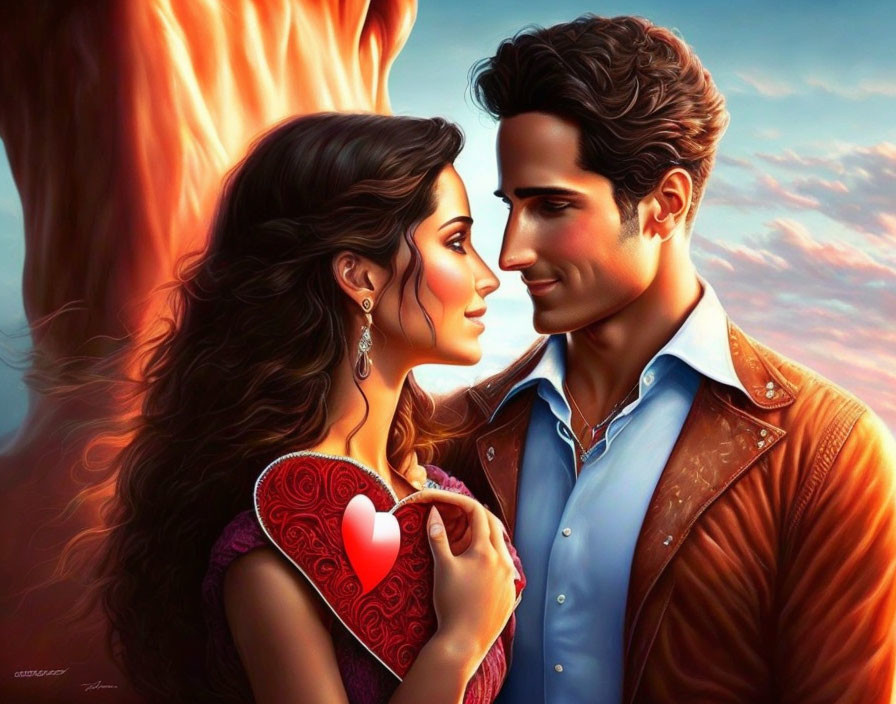 Romantic couple with heart-shaped object in sunset scene