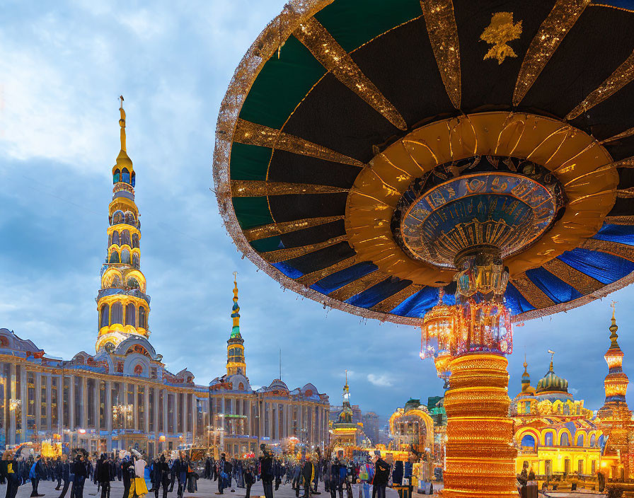 Ornate Square with Tall Spire and Decorated Street Lamp at Night