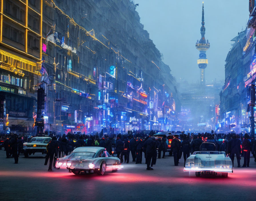 Vibrant city street at night with classic cars, people, and tower.