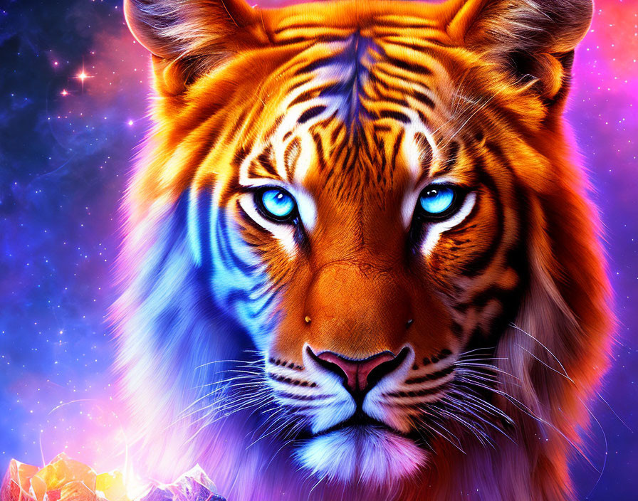 Colorful Tiger Artwork with Blue Eyes on Cosmic Background