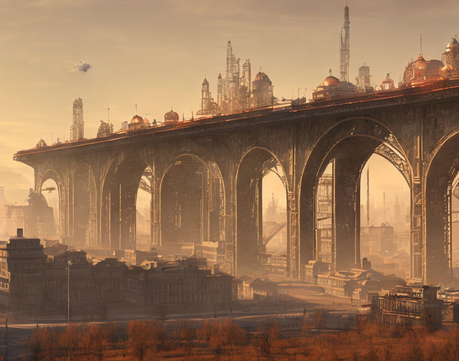 Futuristic cityscape with towering arches and flying vehicles in golden sunlight