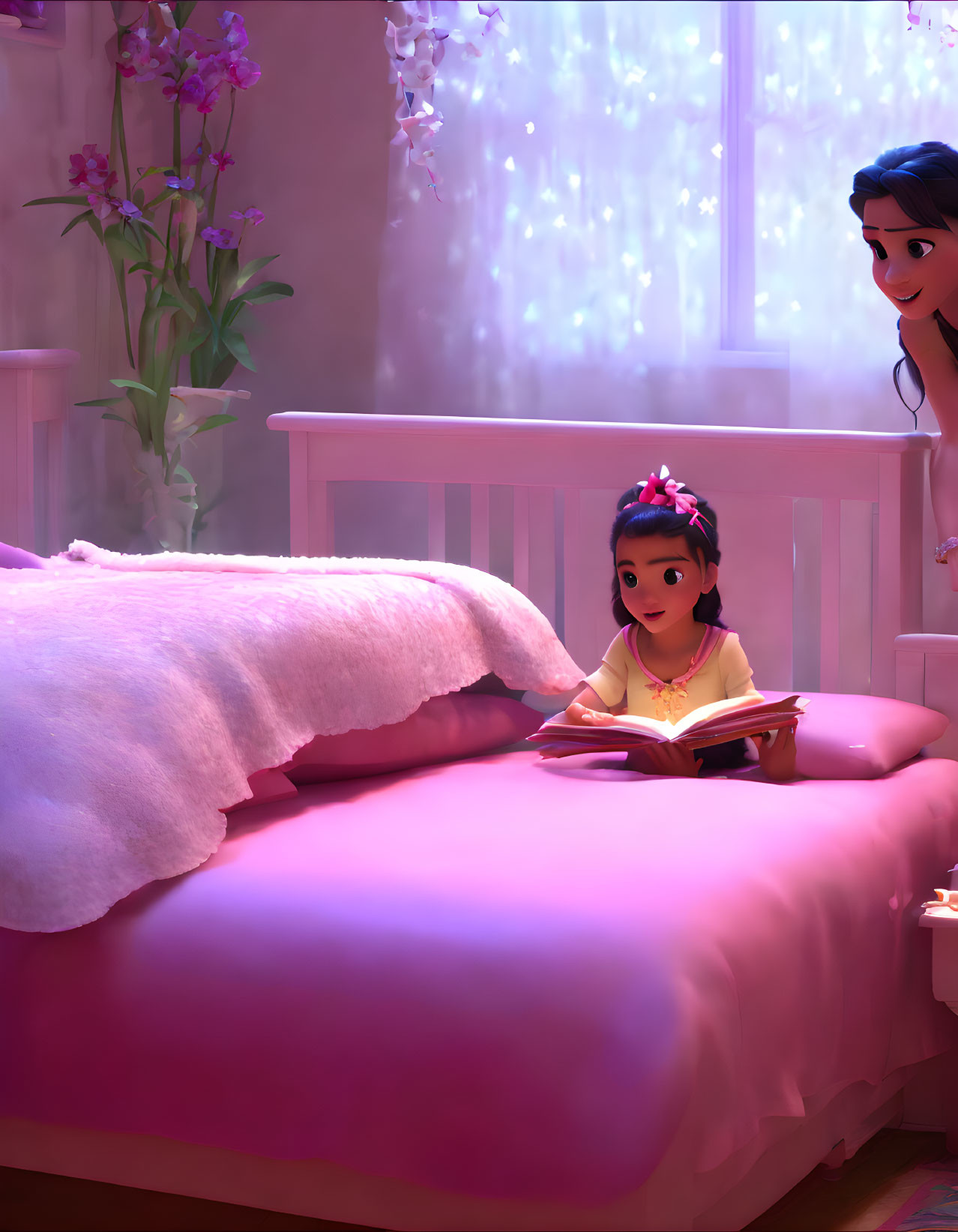 Young girl reading book on bed with older female figure in ambient light from window