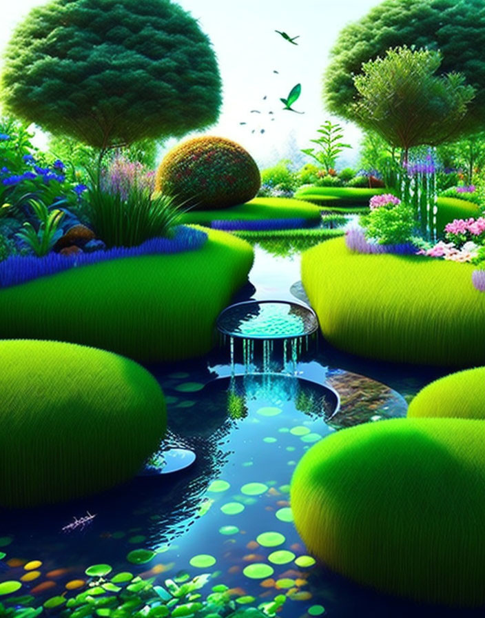 Colorful digital artwork of a lush garden with topiary bushes, serene pond, flowers, and