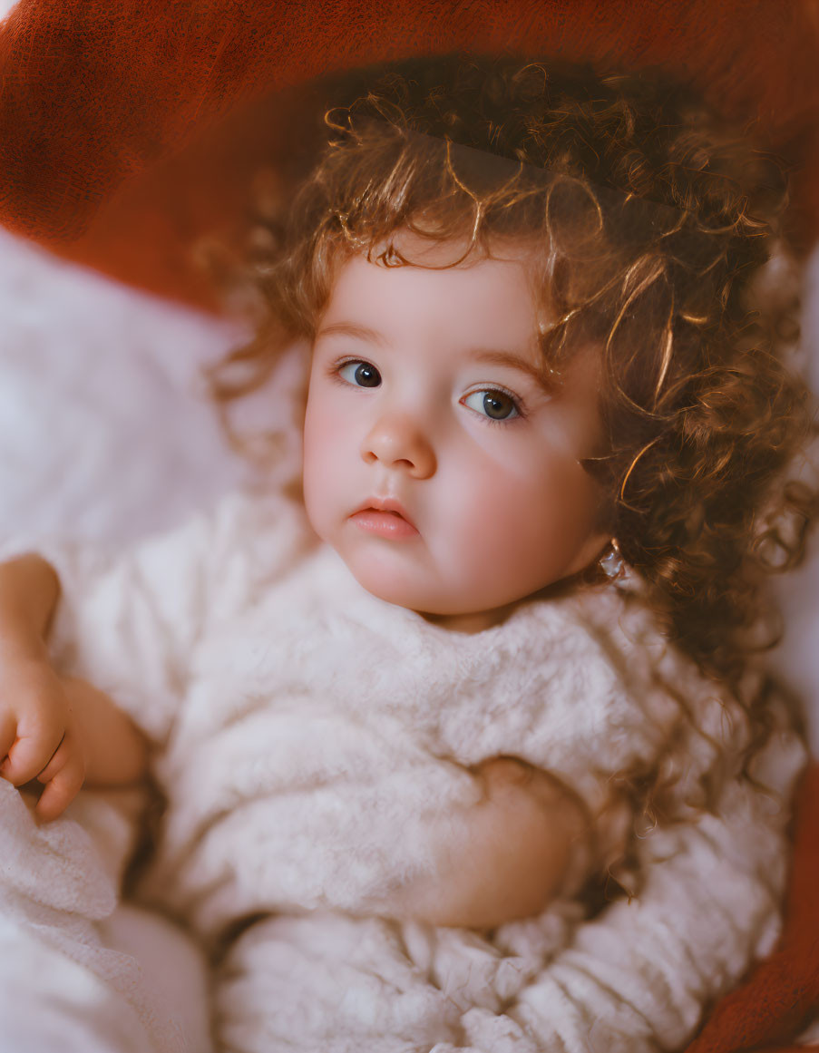 Curly-Haired Toddler in White Blanket with Blue Eyes and Red Background