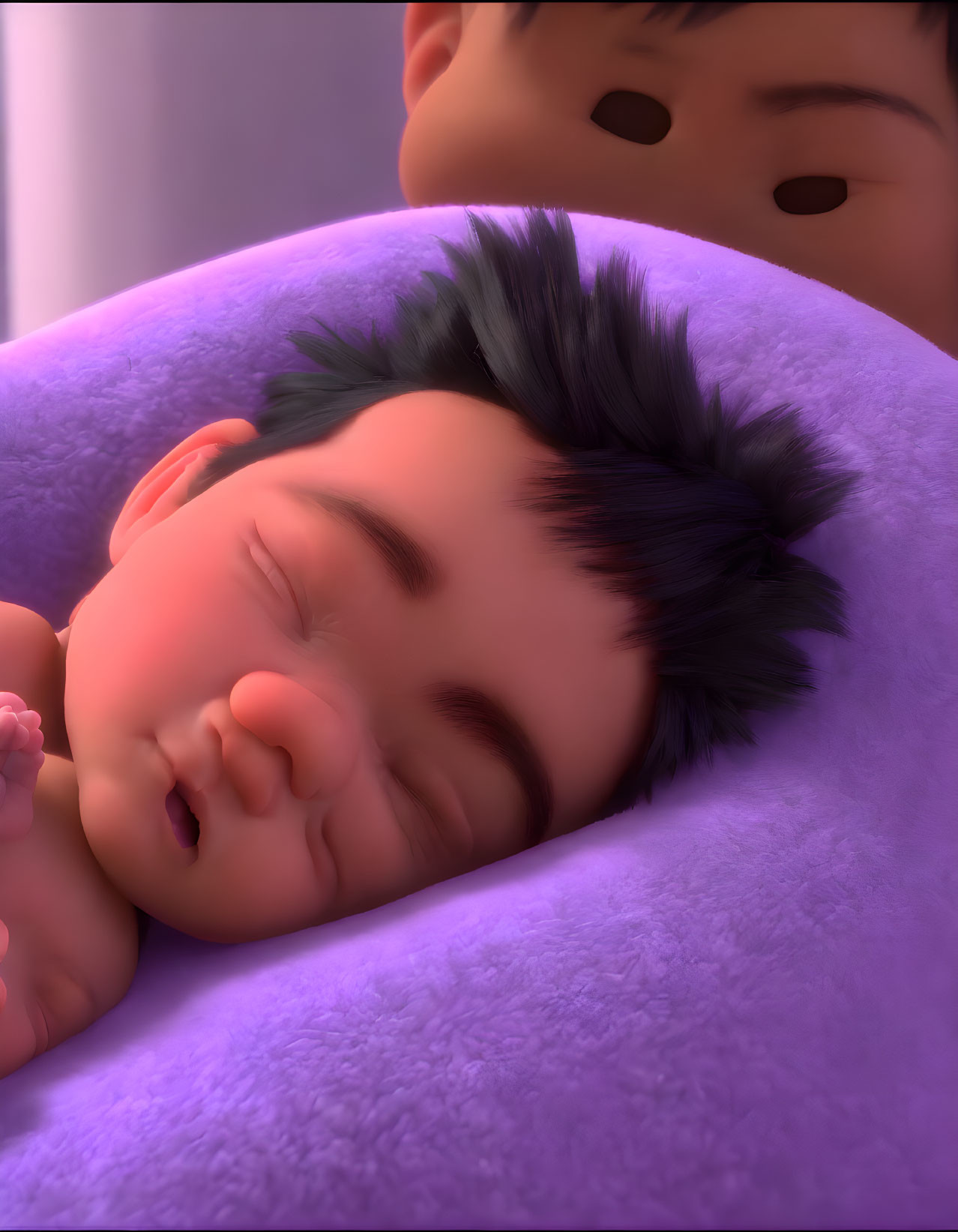 Animated baby sleeping on purple blanket with character peeking behind