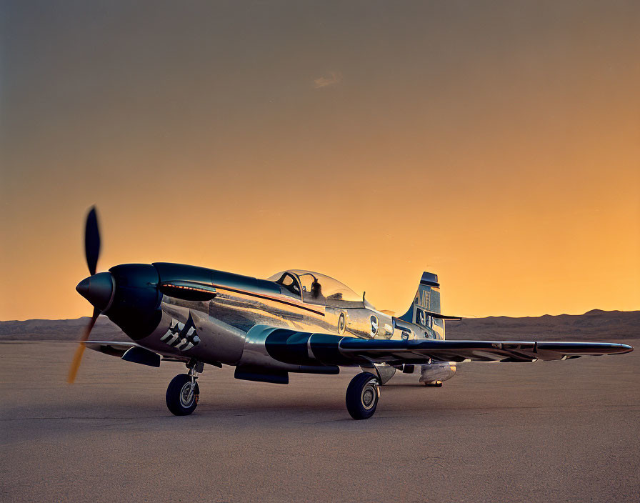 Vintage Fighter Plane on Desert Airstrip at Sunrise or Sunset