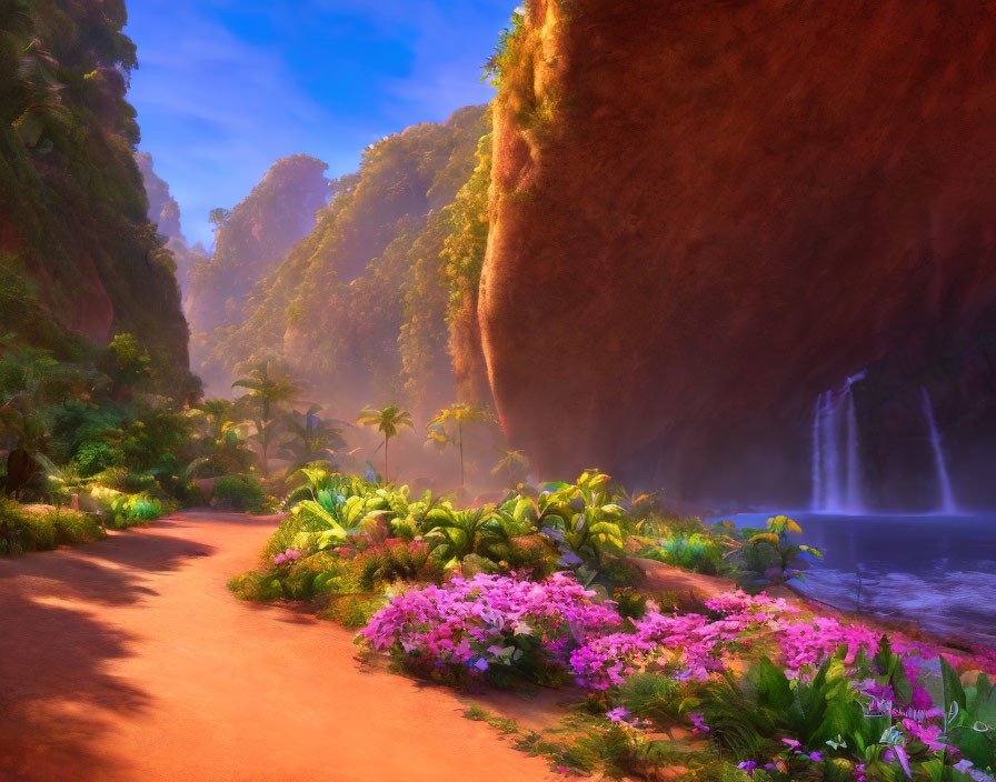 Tranquil path with vibrant flowers in lush valley and waterfalls