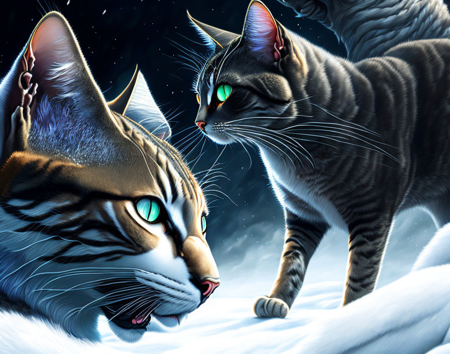 Digital Art: Striking-eyed cats in snowy setting, one lying down, one standing