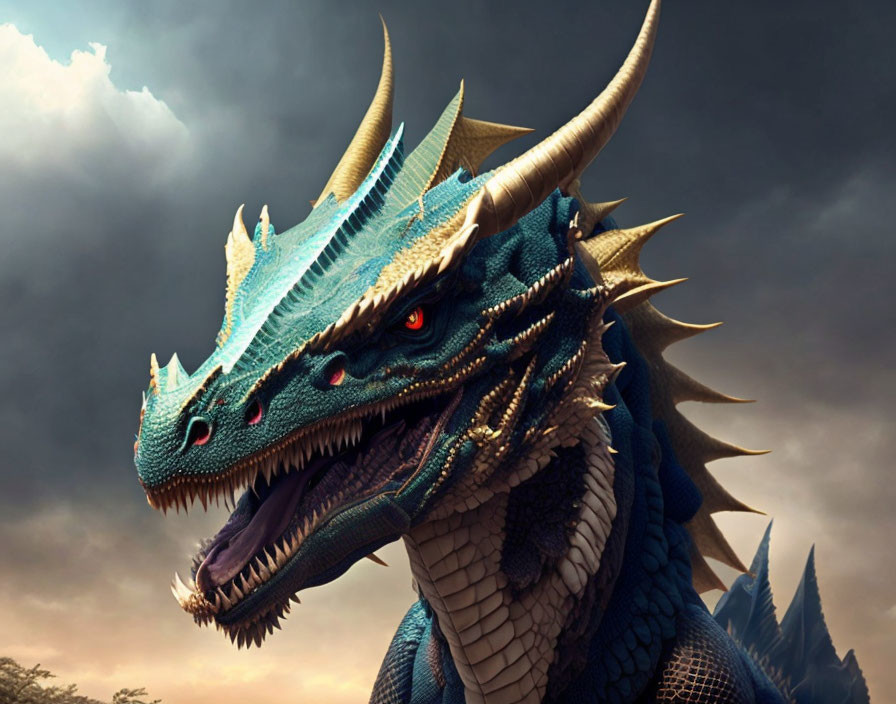 Blue dragon with horns and red eyes in stormy sky