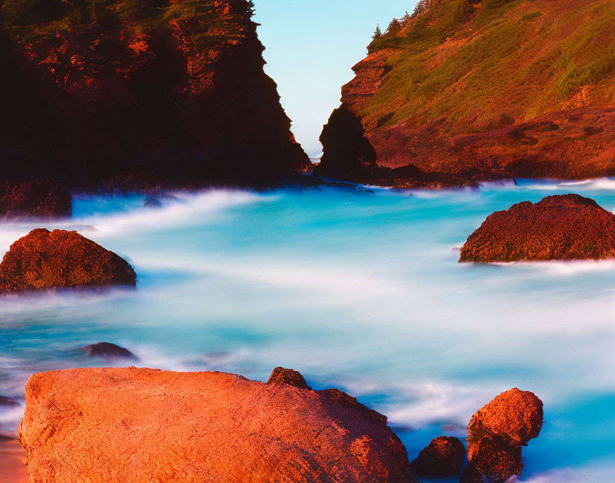 Tranquil seascape with misty water and rocky shores at twilight