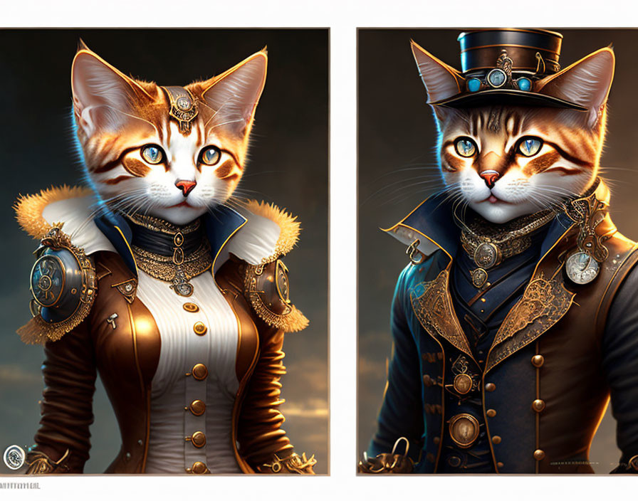 Anthropomorphic cats in steampunk attire: white-blue uniform and brown-black outfit.