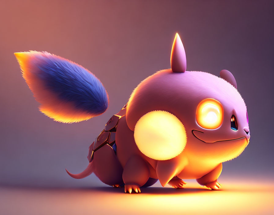 Stylized 3D illustration of cute creature with round body and mechanical elements