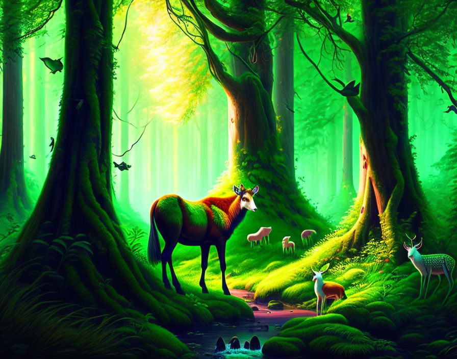 Lively forest scene with animals: stag, deer, stream, moss-covered woodland