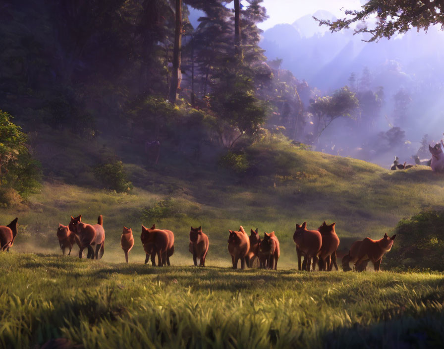 Brown Horses Grazing in Sunlit Forest Clearing