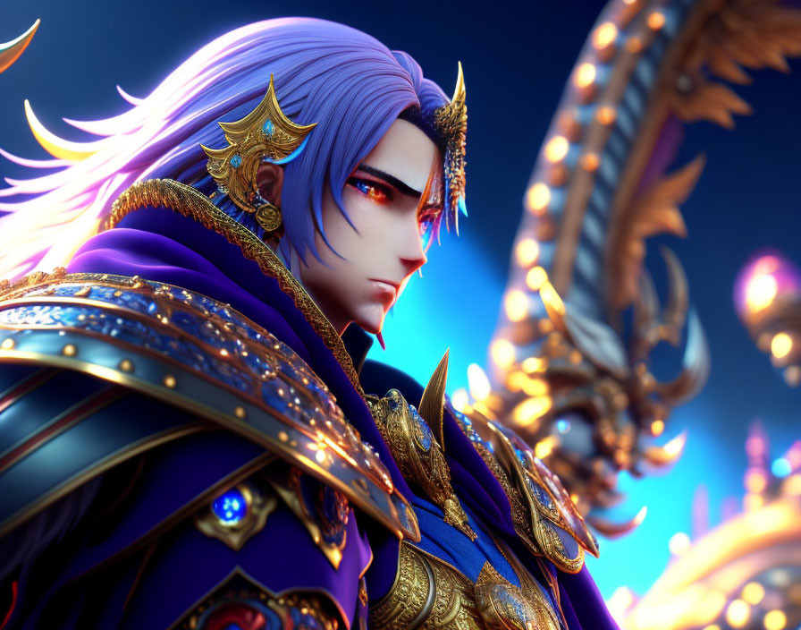 Detailed 3D Anime-Style Male Character: Blue Hair, Golden Armor