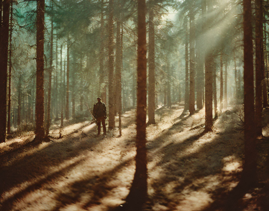 Person in Sunlit Forest with Long Shadows