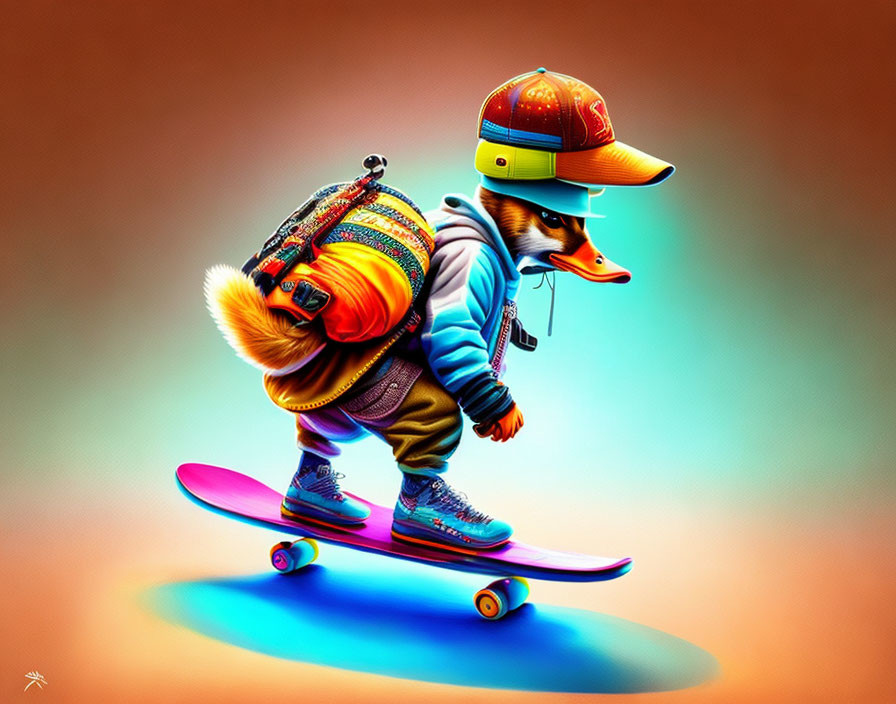 Colorful anthropomorphic duck skateboarding with backpack, cap, hoodie, and sneakers