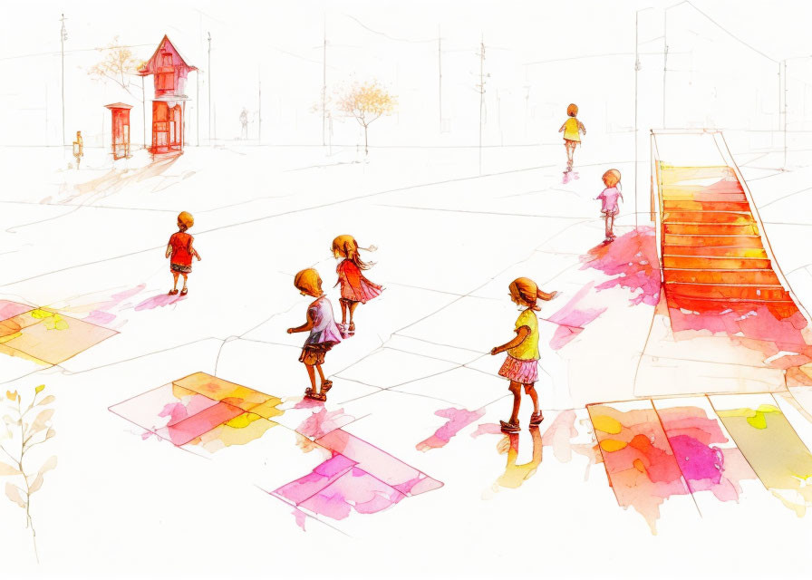 Vibrant watercolor of children playing hopscotch in urban setting