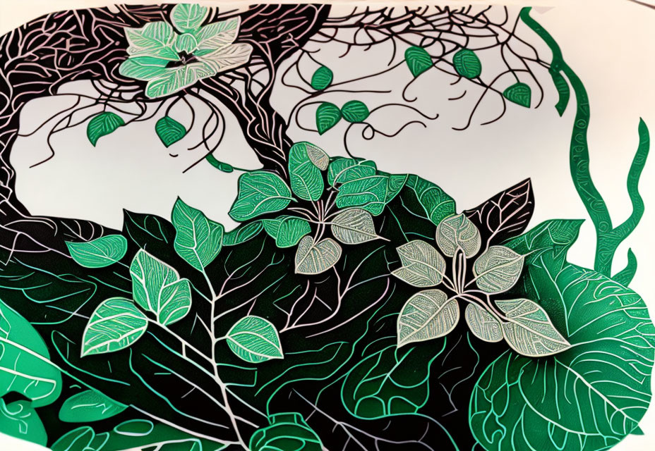 Detailed black branches and green leaves pattern on white background