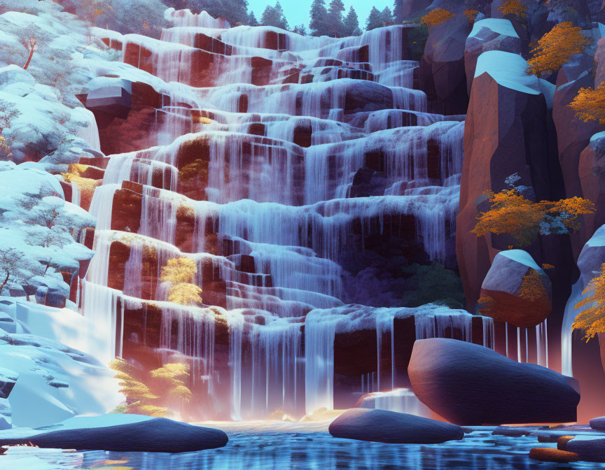 Snow-covered wintry forest waterfall in warm sunlight