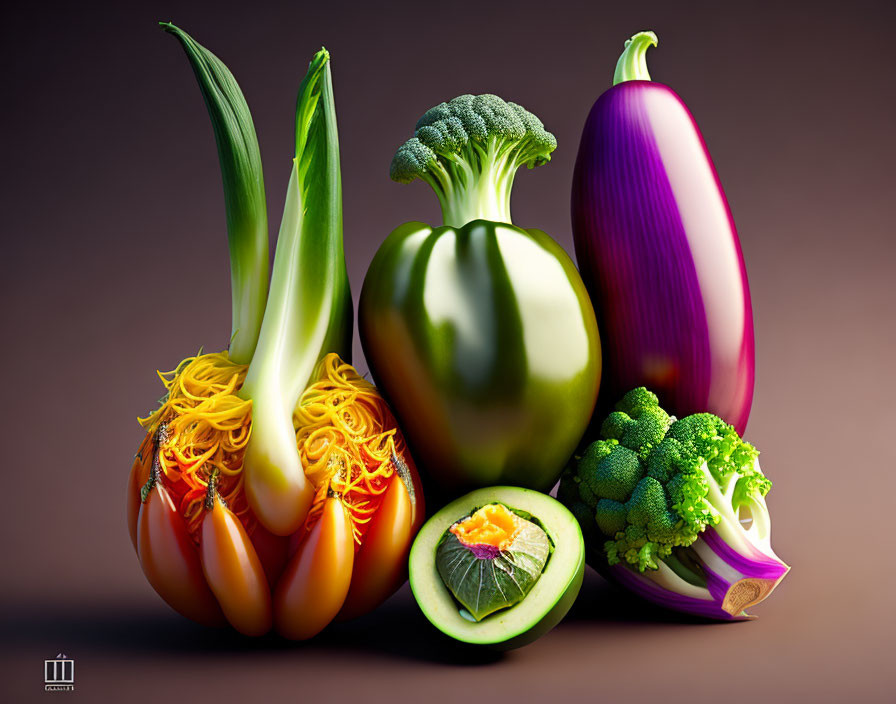 Vegetables arranged as whimsical body parts: corn limbs, eggplant torso, green pepper hair