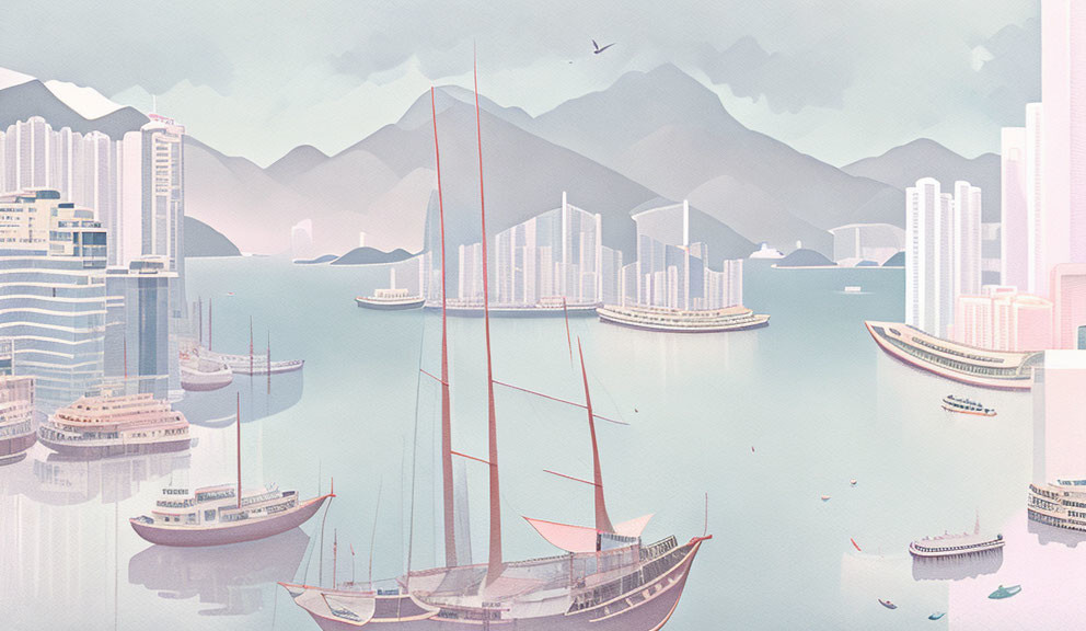 Calm harbor with boats, cityscape, and layered mountains in pastel illustration