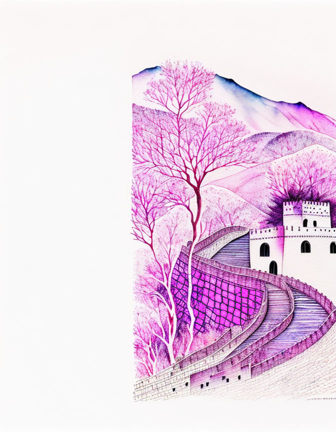 Whimsical violet-hued castle illustration with winding road and stylized trees