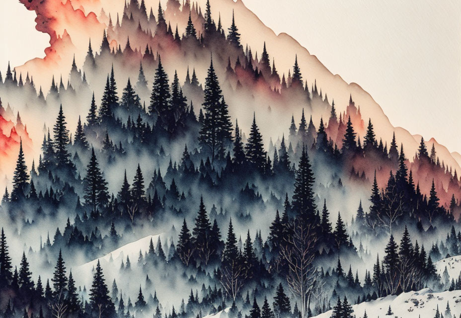 Stylized watercolor painting of dense pine forest under fiery sky