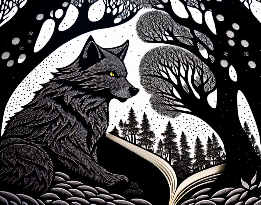 Monochrome wolf illustration with integrated nature elements