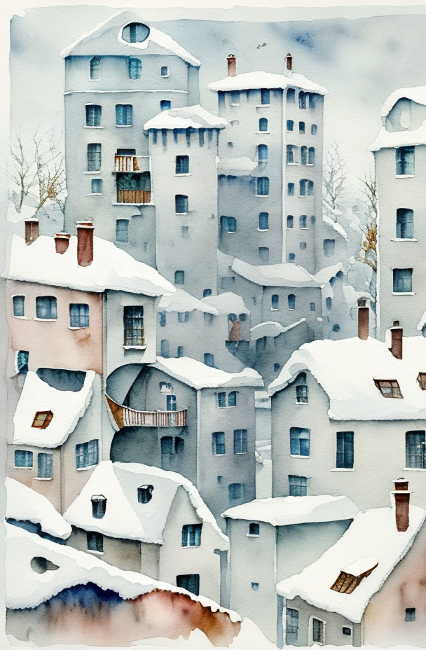 Snow-covered European-style buildings with cylindrical towers and sloping roofs in a tranquil watercolor painting.