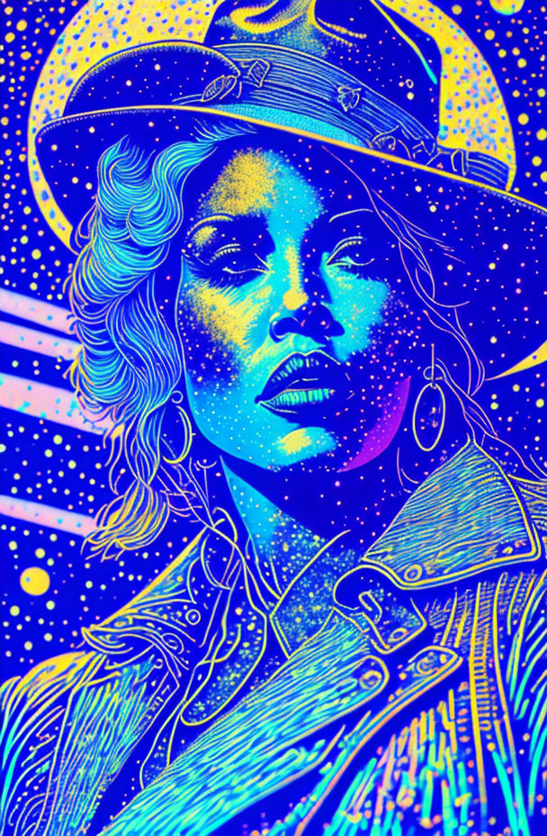 Colorful portrait of woman with curly hair in neon blue and yellow with cosmic background