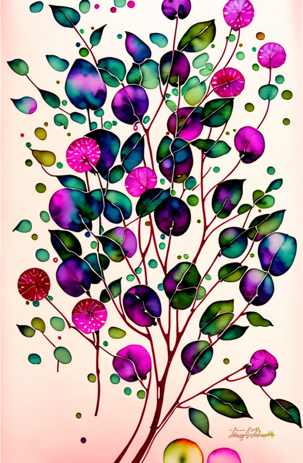 Vibrant painting of plant with round leaves in green, purple, and pink on pink backdrop