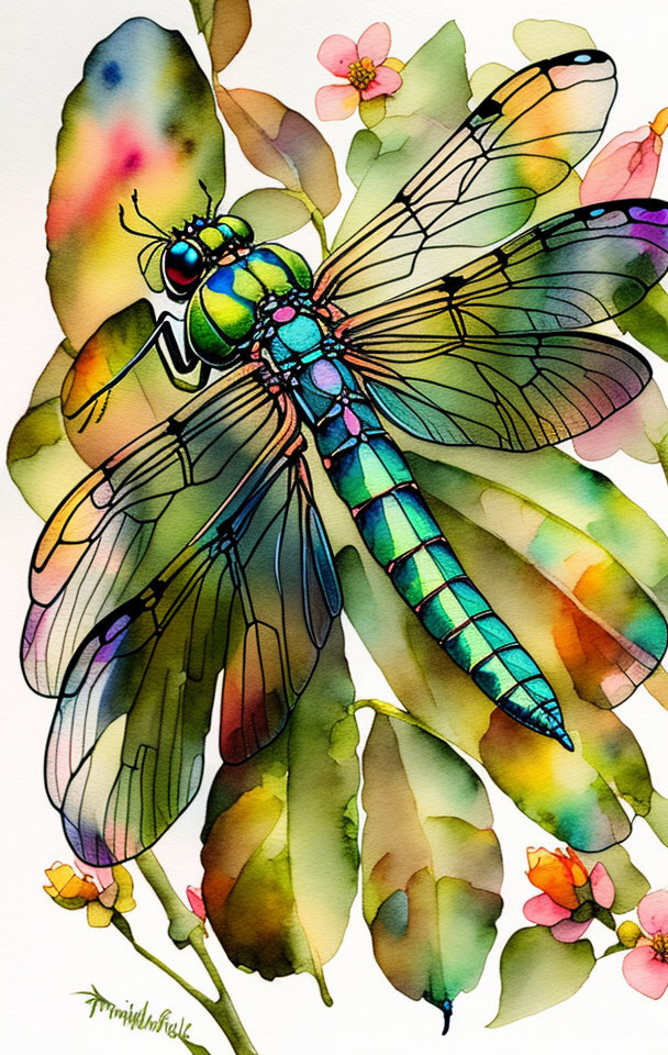 Colorful Watercolor Dragonfly on Foliage with Translucent Wings and Pink Flowers